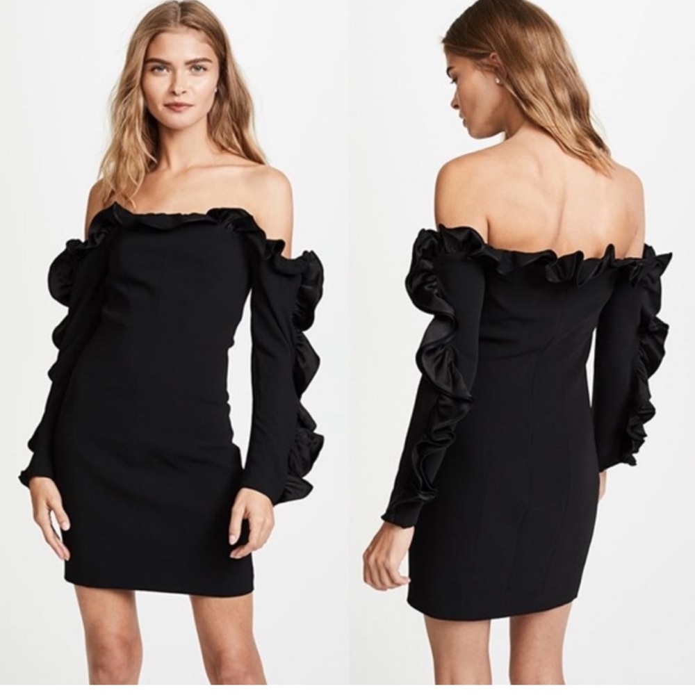 CINQ À SEPT Rosemarie Ruffled Off-The-Shoulder Black Mini Dress Size 4